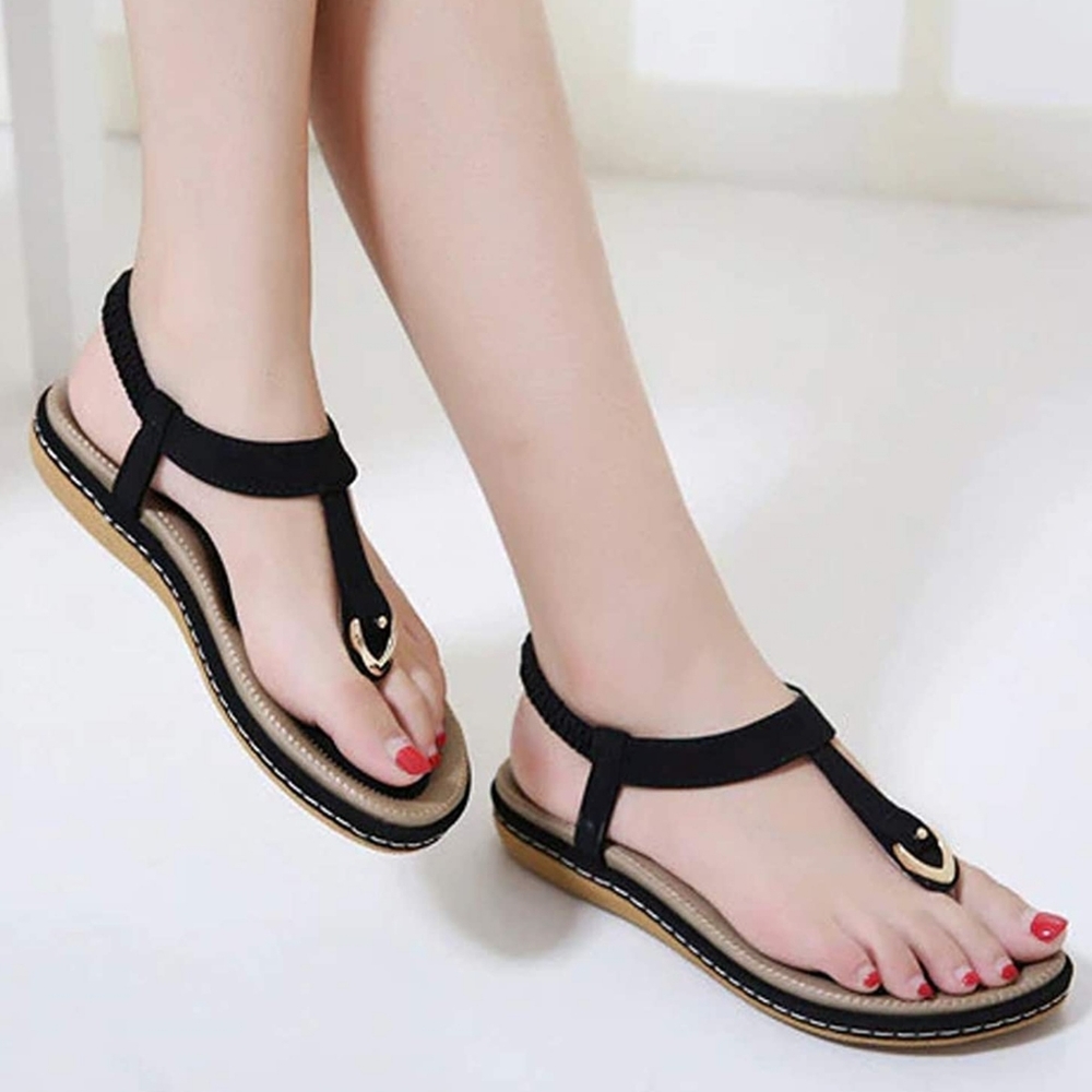 NEW SOCOSANDS Black Gold T-Strap Women's Comfort Slide Slip On Sandals Size 10